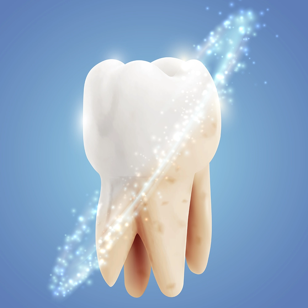 A 3D illustration of a healthy, sparkling white tooth set against a blue background, symbolizing the cleanliness and health achieved through professional dental care.