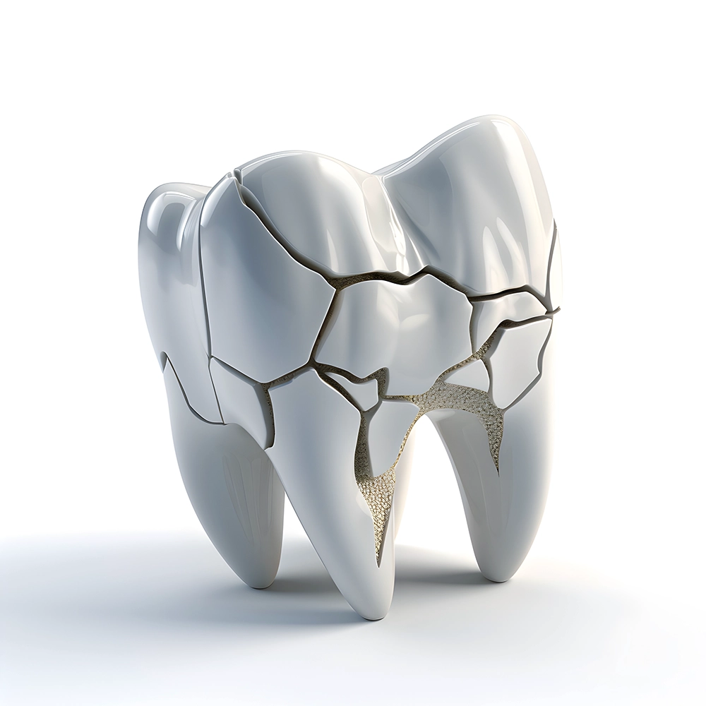 A highly detailed 3D rendering of a cracked tooth, depicting the intricate lines of a dental fracture, highlighting the urgency of dental intervention.