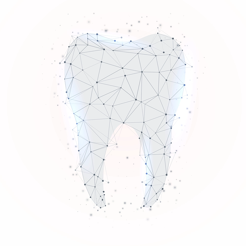 3D digital illustration of a geometric wireframe tooth structure, highlighting a single tooth with a network of connected points and lines in a translucent blue tone on a white background.