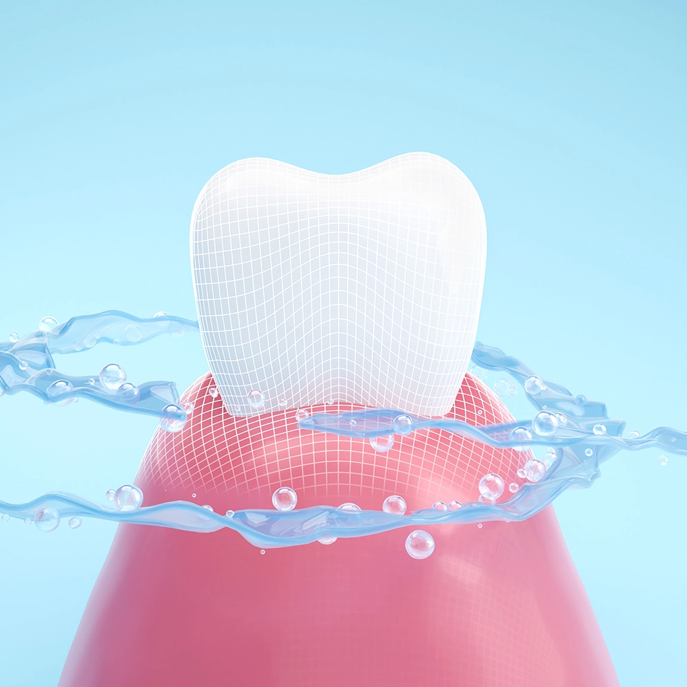 A 3D illustration of a tooth with a transparent wireframe overlay, surrounded by a splash of water, symbolizing the cleansing treatments used in managing gum disease.